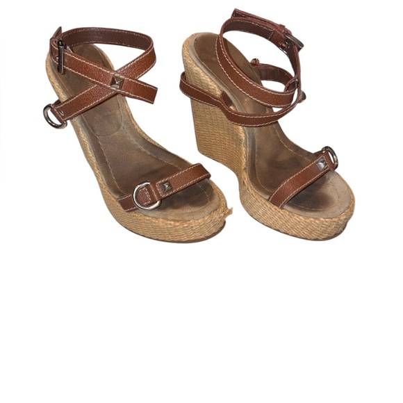 Prada Shoes - Prada Espadrille Platform Wedge Tan Leather Straps Silver Hardware Size 6 35.5